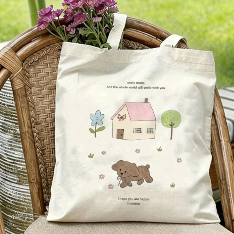 

1pc"Smile More" Cute Puppy Canvas Tote Eco-friendly Reusable Shoulder Bag