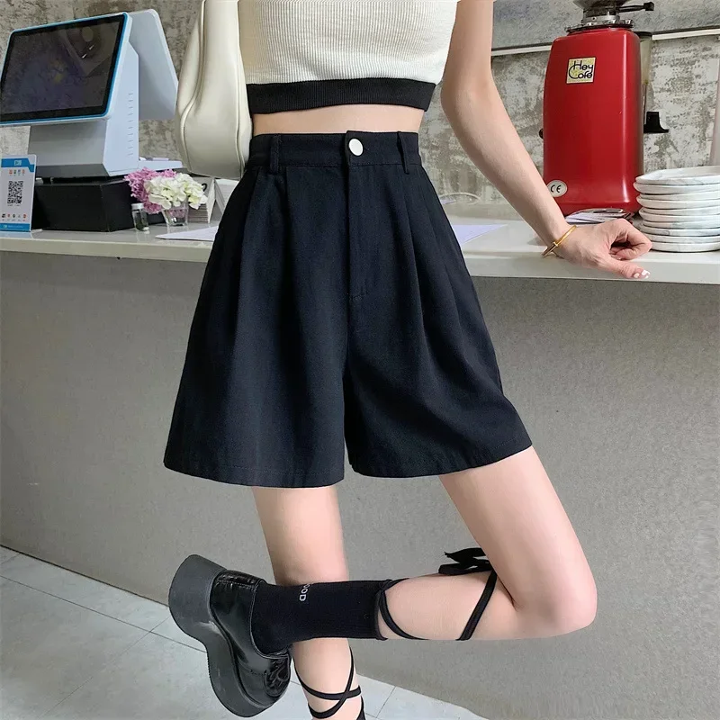 Y2K Women High Waist White Shorts Korean Fashion Pleated Wide Leg Pants Summer Casual All Match Female Preppy Style Pants New