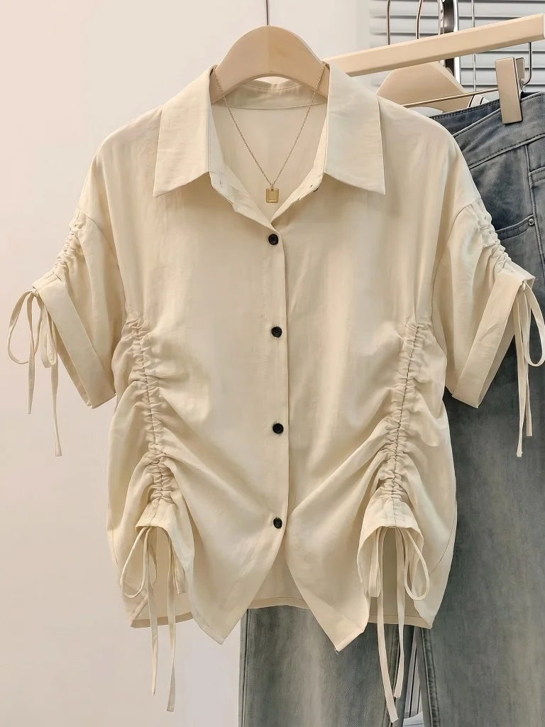 Black Short Sleeve Drawstring Slimming Women's Shirt Korean Style Commute Fashion plus Size Casual Top for Summer 2026