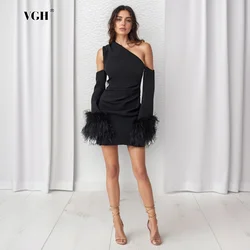 VGH Patchwork Feather Off  Shoulder Formal Dresses For Women Diagonal Long Sleeve High Waist Solid Mini Bodycon Dress Female New