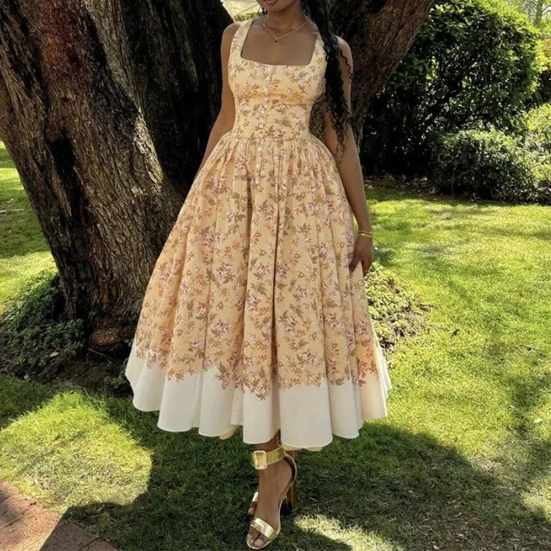 Damska Sukienka Maxi Bez Rękawów na Ramiączkach w Kwiatowy Wzór, Słodka, Długa, Wakacyjna, Plażowa, Wieczorowa, Seksowna, Dziewczęca, Plisowana, na Imprezę, Vestidos