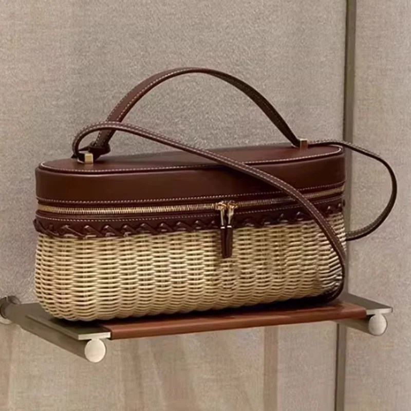 

New Casual Straw Box Bag Large Capacity PU Leather Trendy Crossbody Bag Versatile Handbag Travel Bag