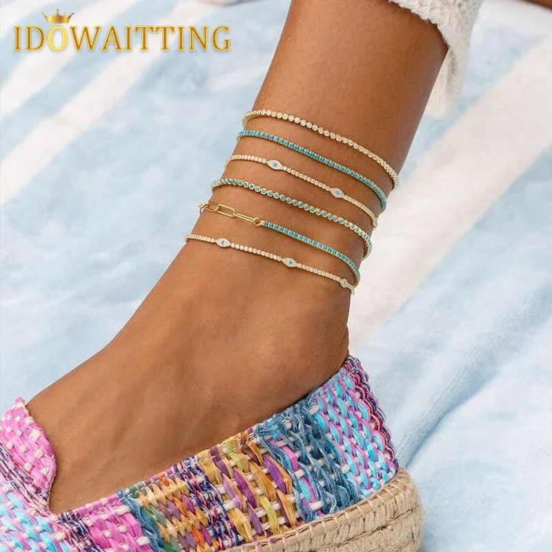 2MM Tennis Chain Anklet White Blue CZ Evil Eye Charm Boho Barefoot on The Leg 2025 Summer Beach Jewelry