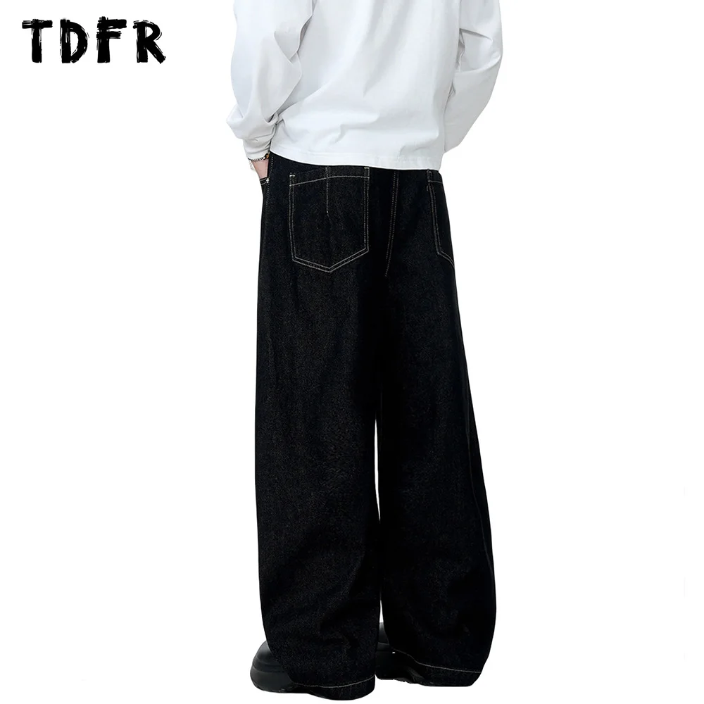 Button Fly Solid Color Jeans Mens Retro Streetwear Loose Wide Leg Top Stitch Denim Pants Men Trousers