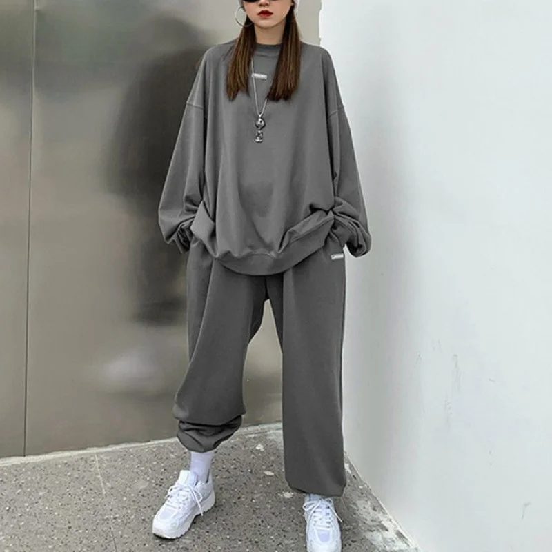 Two Piece Oversized Women Solid Sports Pant Sets Spring Autumn Tracksuit New Street Fashion Casual Long Sleeve Grey Hoodies Suit