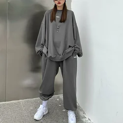 Zweiteilige übergroße Frauen solide Sport hose Sets Frühling Herbst Trainings anzug neue Street Fashion lässig Langarm Grey Hoodies Anzug