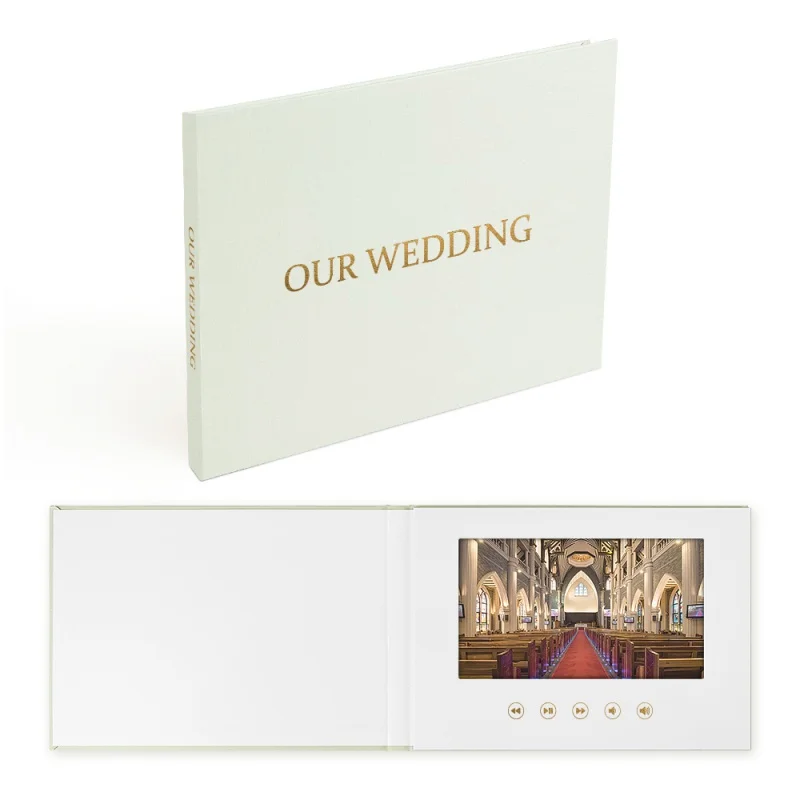 

custom 7 inch OUR WEDDING GOLD FOIL wedding video book with IPS Display Linen Bound Wedding video brochure album for anniversar