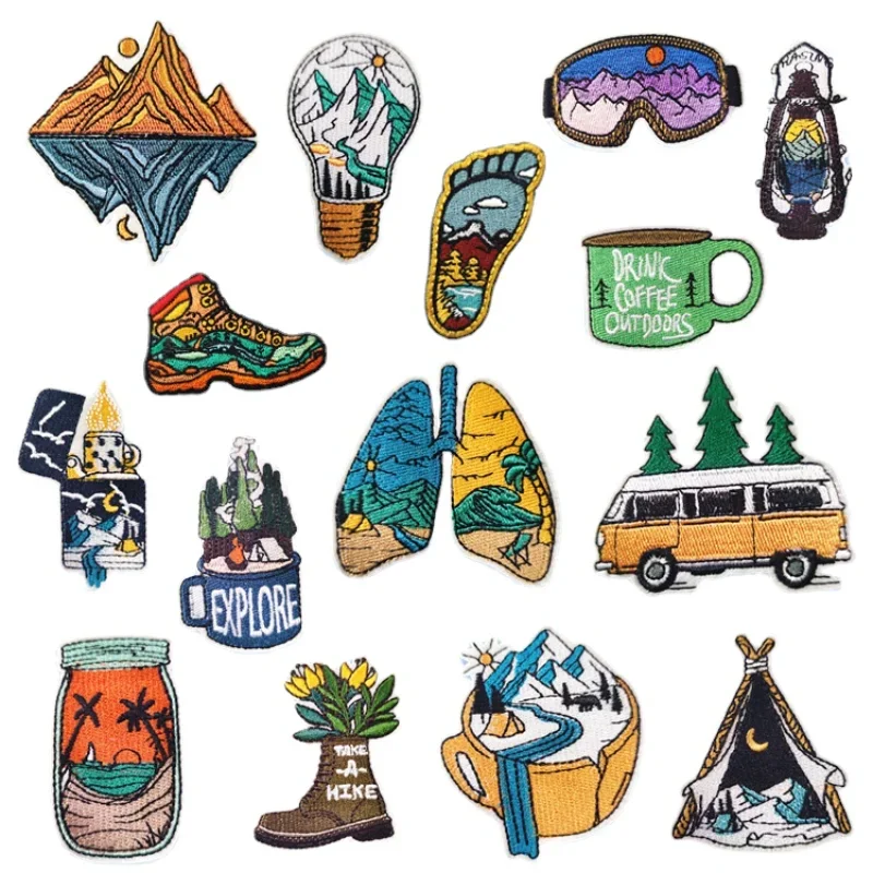 50pcs/Lot Luxury Fun Embroidery Patch Outdoor Explore Tent Antique Lamp Lake Inverted Image Clothing Decoration Craft Applique