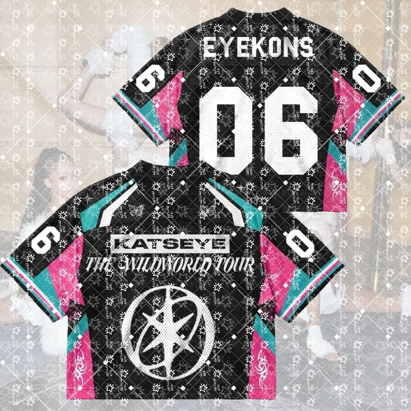 Women K-Pop Tour Cropped Football Jersey Black Pink Teal Geometric Print Number 06 V-Neck Short Sleeve Crop Top Streetwear
