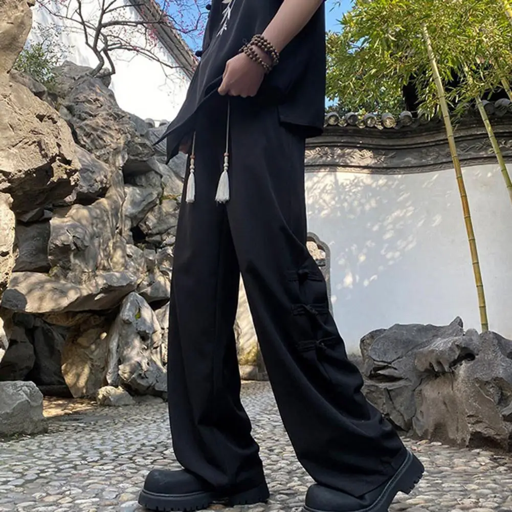 Men Sweatpants Chinese Styletrousers Chinese Style Men's Pants with Tassel Knot Decor Wide Leg Design Elastic Waist Retro for A