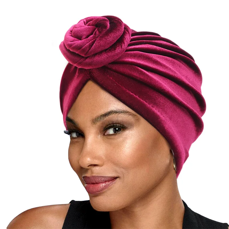 Boné de turbante de veludo Donut monocromático para mulheres, estilo Bohe, lenço muçulmano, gorro, envoltórios africanos, chapéu bandana