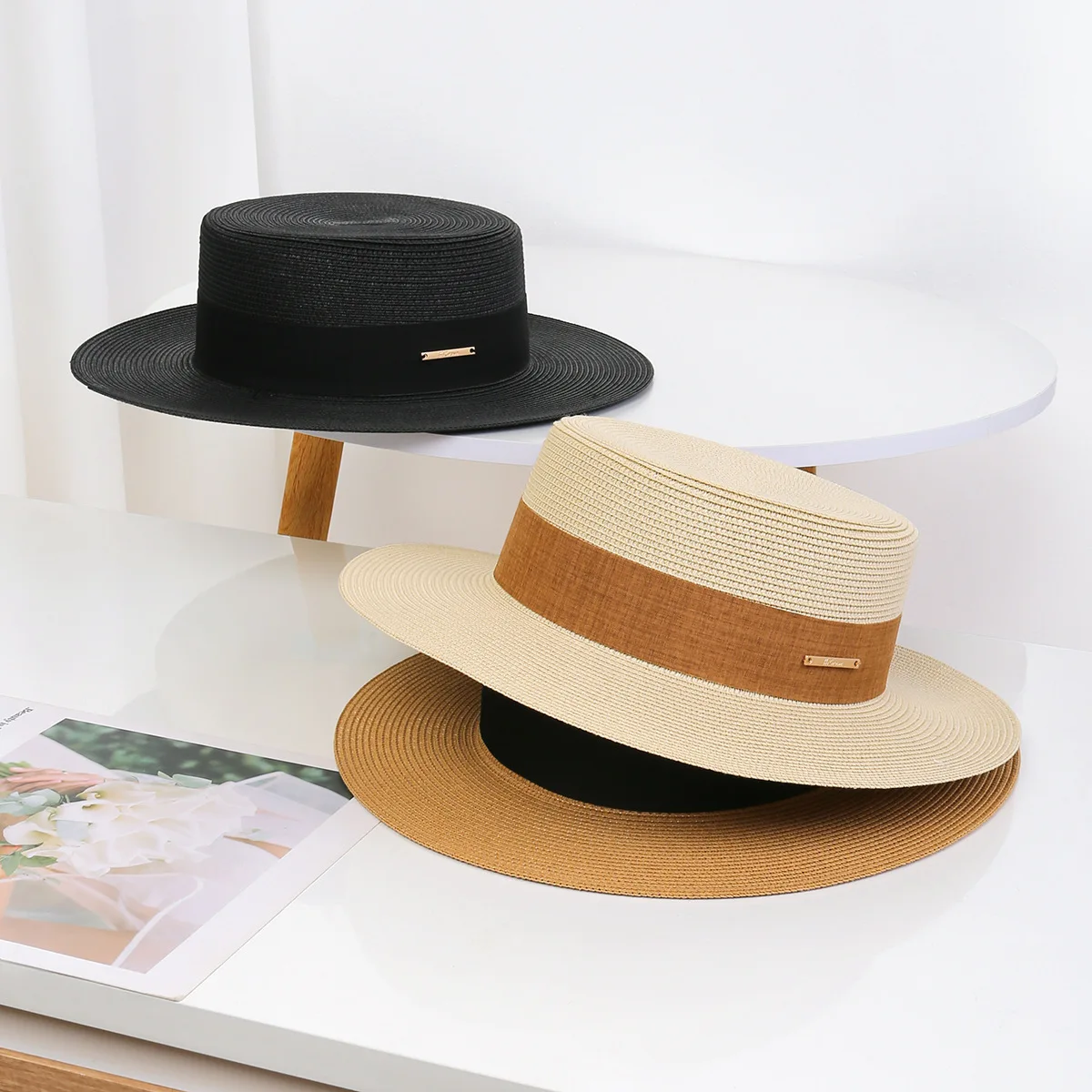 

Women's Elegant French Style Summer Sun Hat - Simple Straw Flat Top Hat (56-58cm) with Long Tag Decor