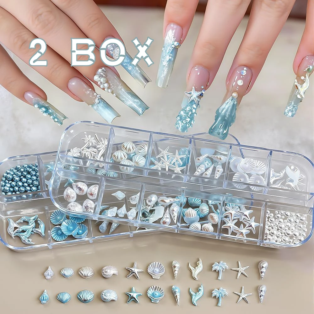 2 PCS Kits Aurora Nail Charms Beach Starfish Charm Shell Conch Nail Decoration Fishtail Pearl Sea Ocean Gemstones Accessories