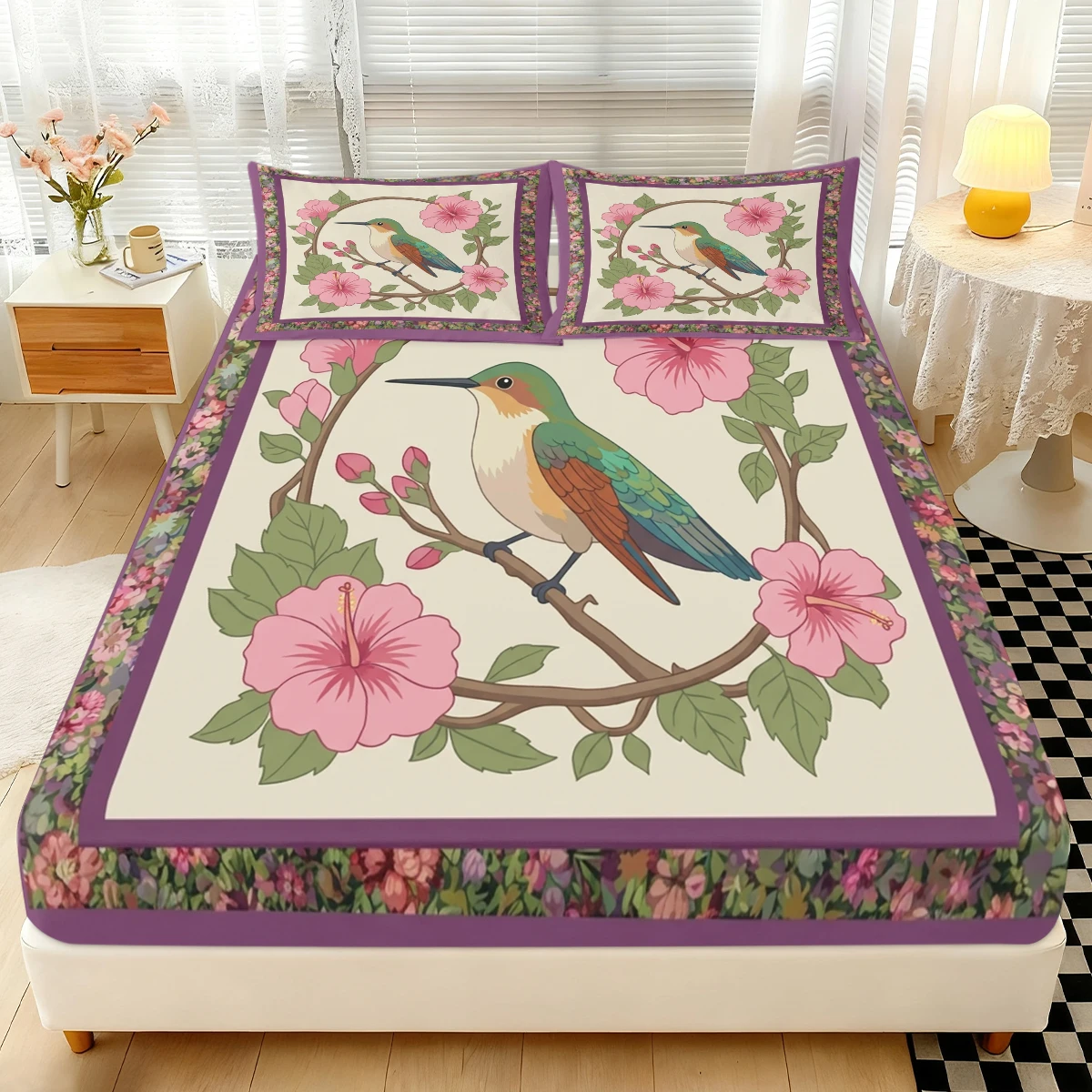 3PCS Hummingbird Hibiscus Floral Fitted Sheet Set, Elastic Mattress Cover with Pillowcases, Bohemian Bedding for Bedroom Decor