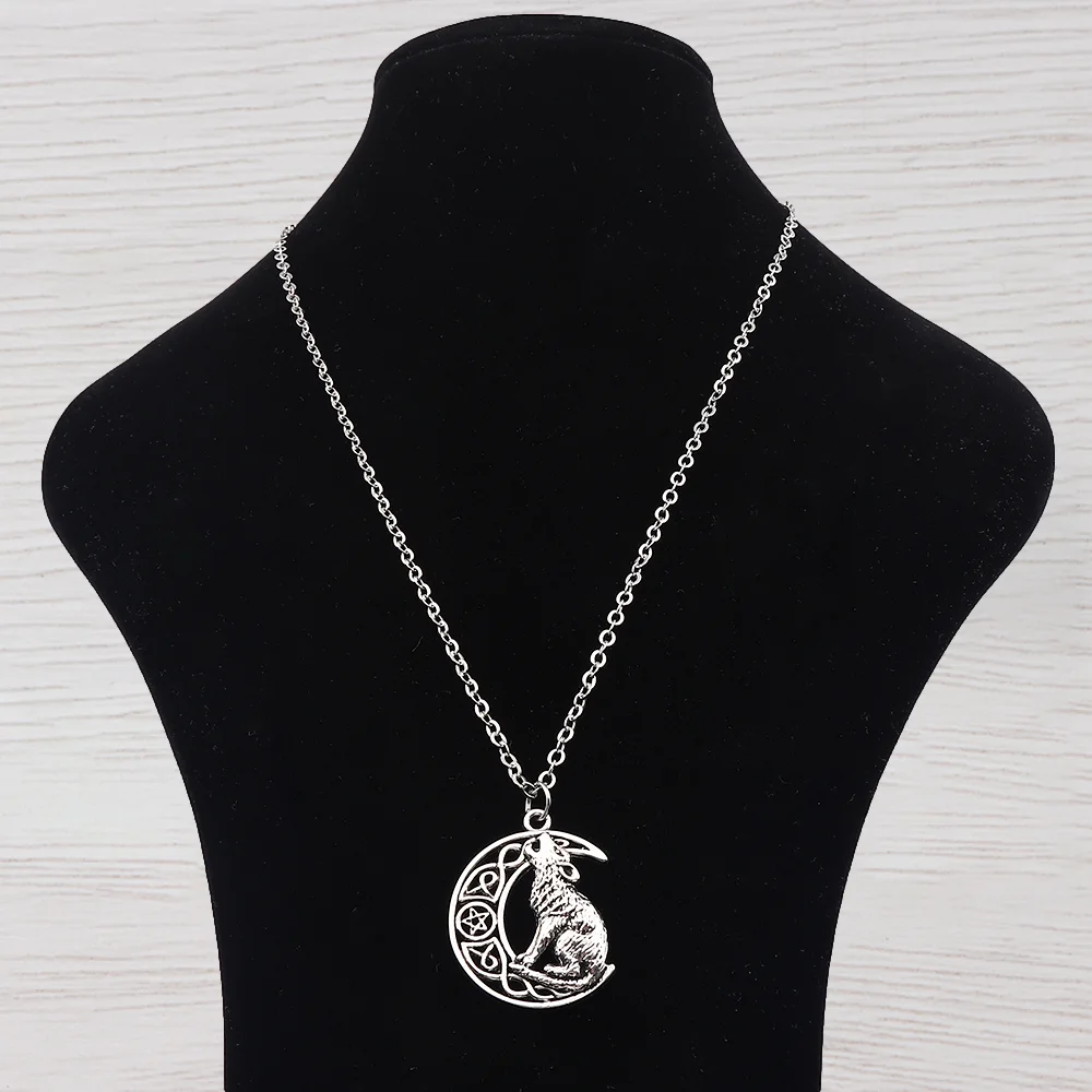 Celtic Knot Moon Crescent With Howling Wolf Pendants Necklace Adjustable Length Long Jewelry Choker Link Chain Lagenlook 20