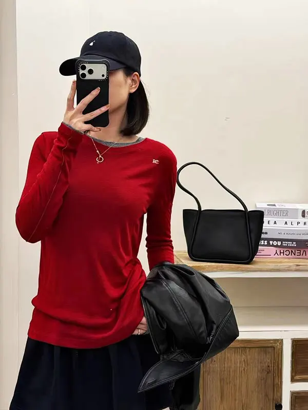 

Trendy Layered Color Blo round Ne Long Sve Knitted T-irt Women's Casual Sle Elastic True Two-Piece Knitwear