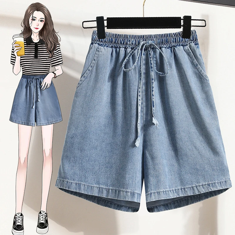 Plus Size Denim Shorts For Women 2024 Summer New Arrivals High Elastic Waist Soft Tencel Loose Blue Jeans Shorts Female Hot Sale