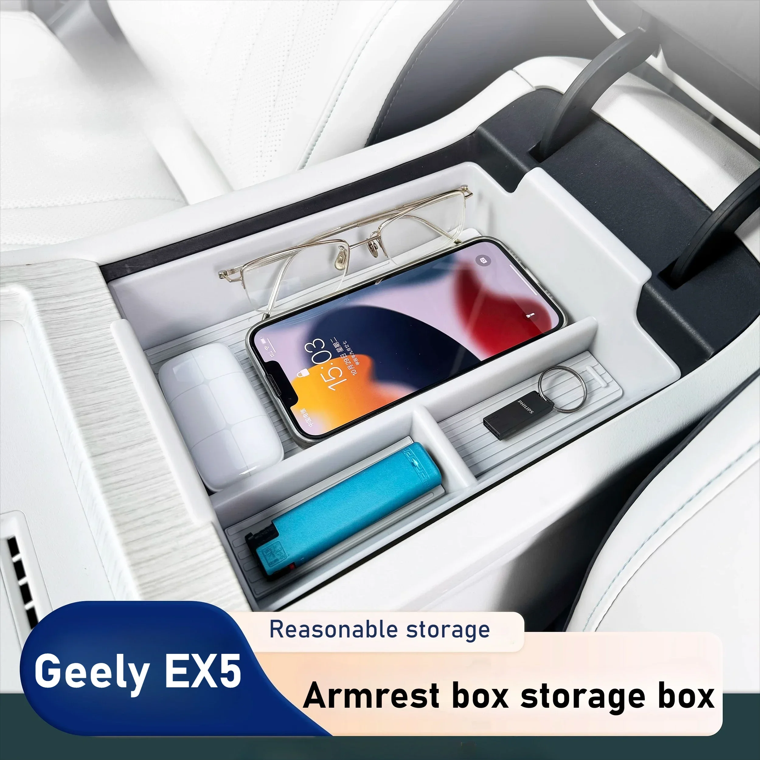 For Geely Galaxy E5 Central control armrest box storage box divided into compartments for organizing and storing automotive part