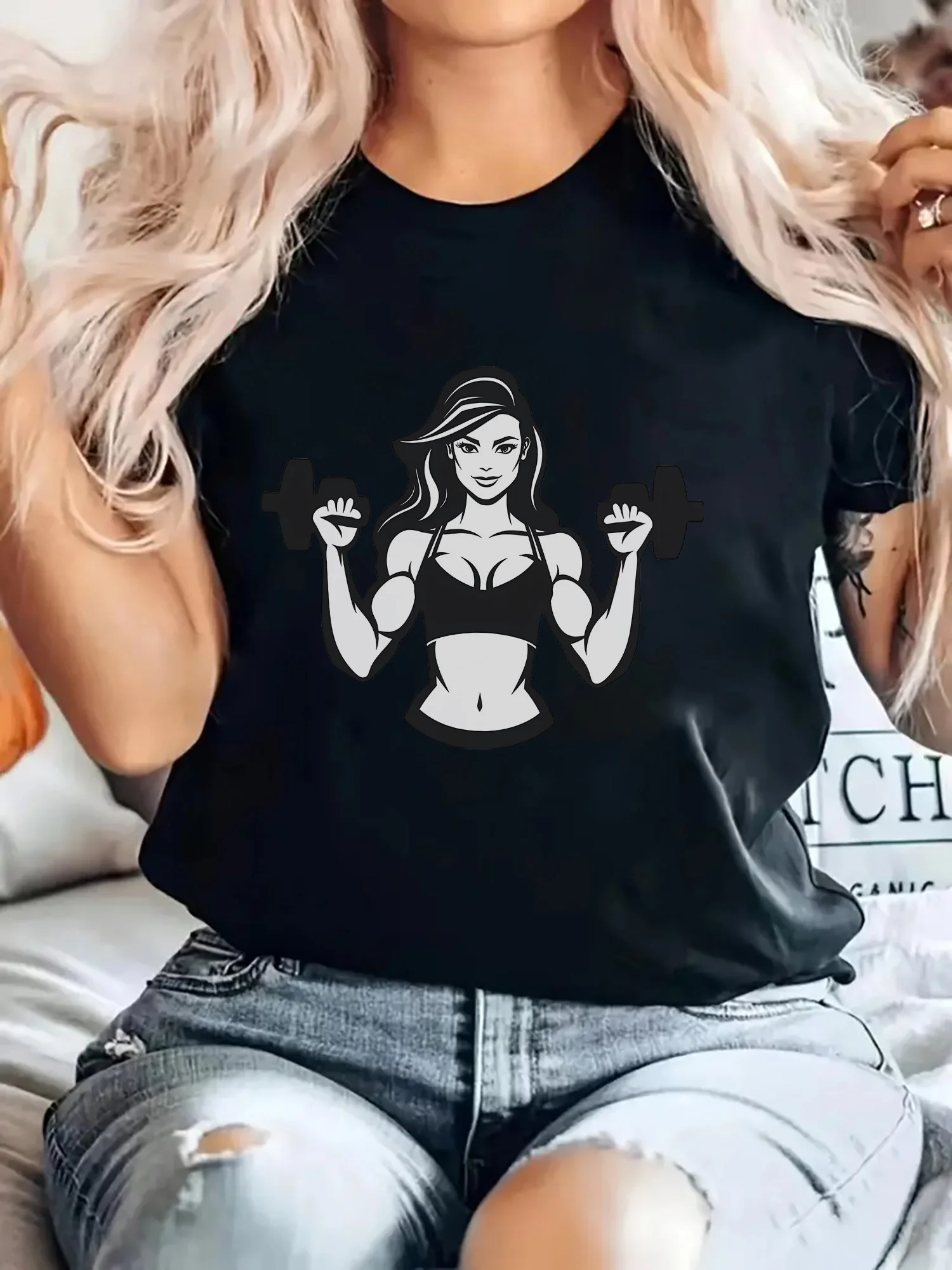 Women's Fitness Graphic Print T-Shirt Round Neck Short Sleeve with Cartoon Weightlifting Design Gym Casual Outdoor Activities