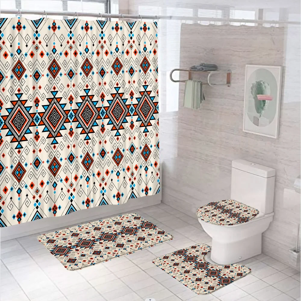 Ethnic Tribes Bohemia Shower Curtain Set Mandala Flower Geometric Bathroom Curtains Non-Slip Bath Mat Rug Lid Toilet Cover Home