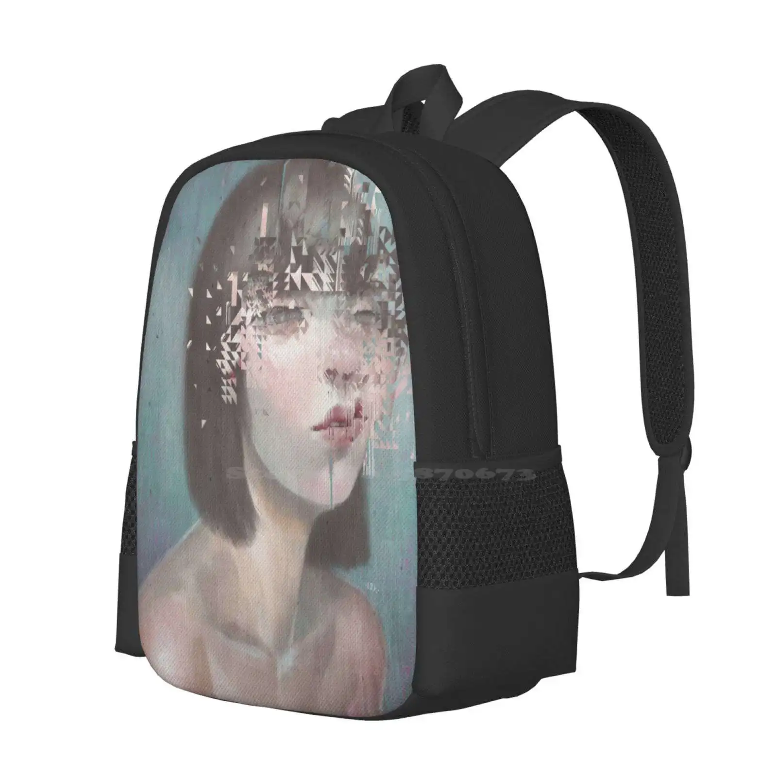 Glitch 02 School Bag Big Capacity Backpack Laptop Glitch Surreal Pop Female Portrait Binary Fracture