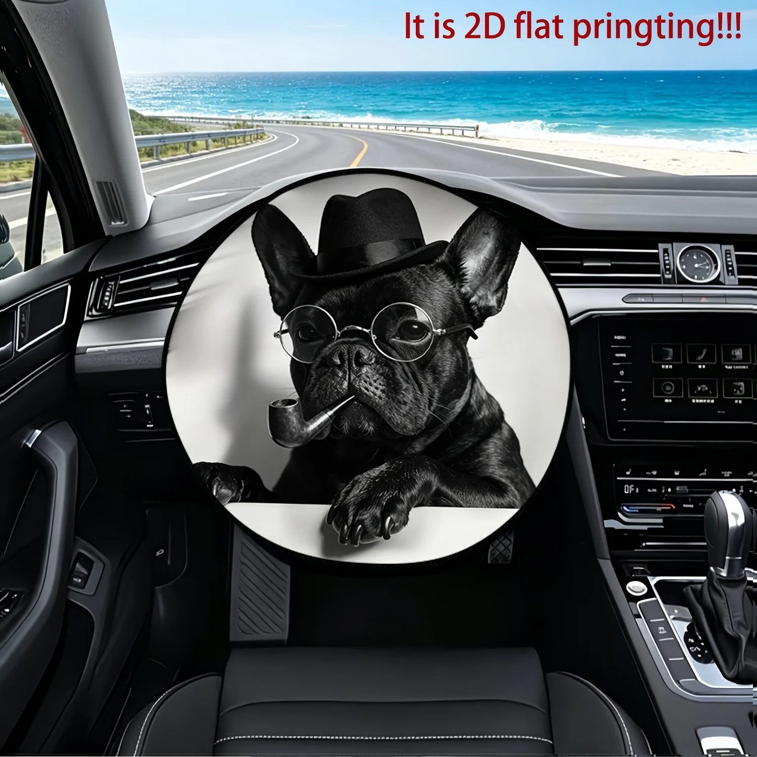 1pc Car Steering Wheel Cover, Black French Bulldog Creative Photography Print Design, Steering Wheel Sunshade, Heat Insulation,
