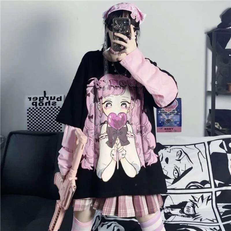 Long Sleeve Anime Kawaii T-shirt Spring Autumn Hip Hop Japanese Female Loose Female T-shirt Harajuku Women\'s Clothing Offers