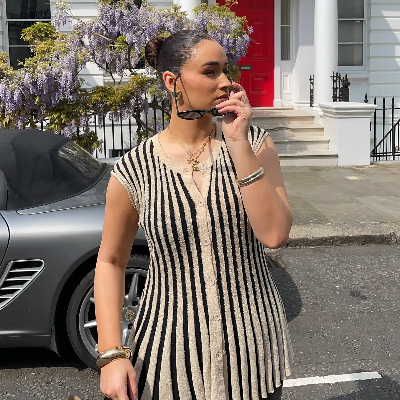 

PB&ZA2025 Vertical Stripes Contrast Color Round Neck Short Sleeve Knitted Short Sleeve T-shirt Tops Women's Clothing