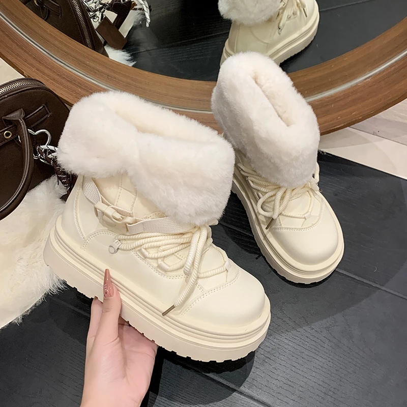 

Нескользящие зимние ботинки на толстой подошве, зимняя теплая женская обувь на флисовой подкладке, модные удобные ботильоны с пряжкой на шнуровке