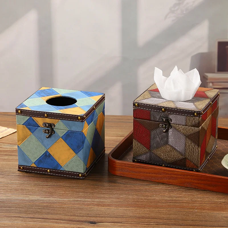 Modern Collage Tissue Holder - Premium Leather Cover with Contrast Stitching, Square Tabletop Organizer for Living Room/Bedroom