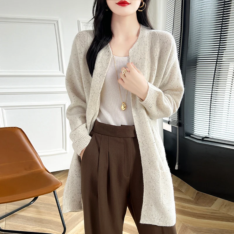 Hot Sale Autumn Winter New 100% Wool Cardigan Sweater Women's O-Neck Fashion Long Female Loose Soft Knit Large Size Coat