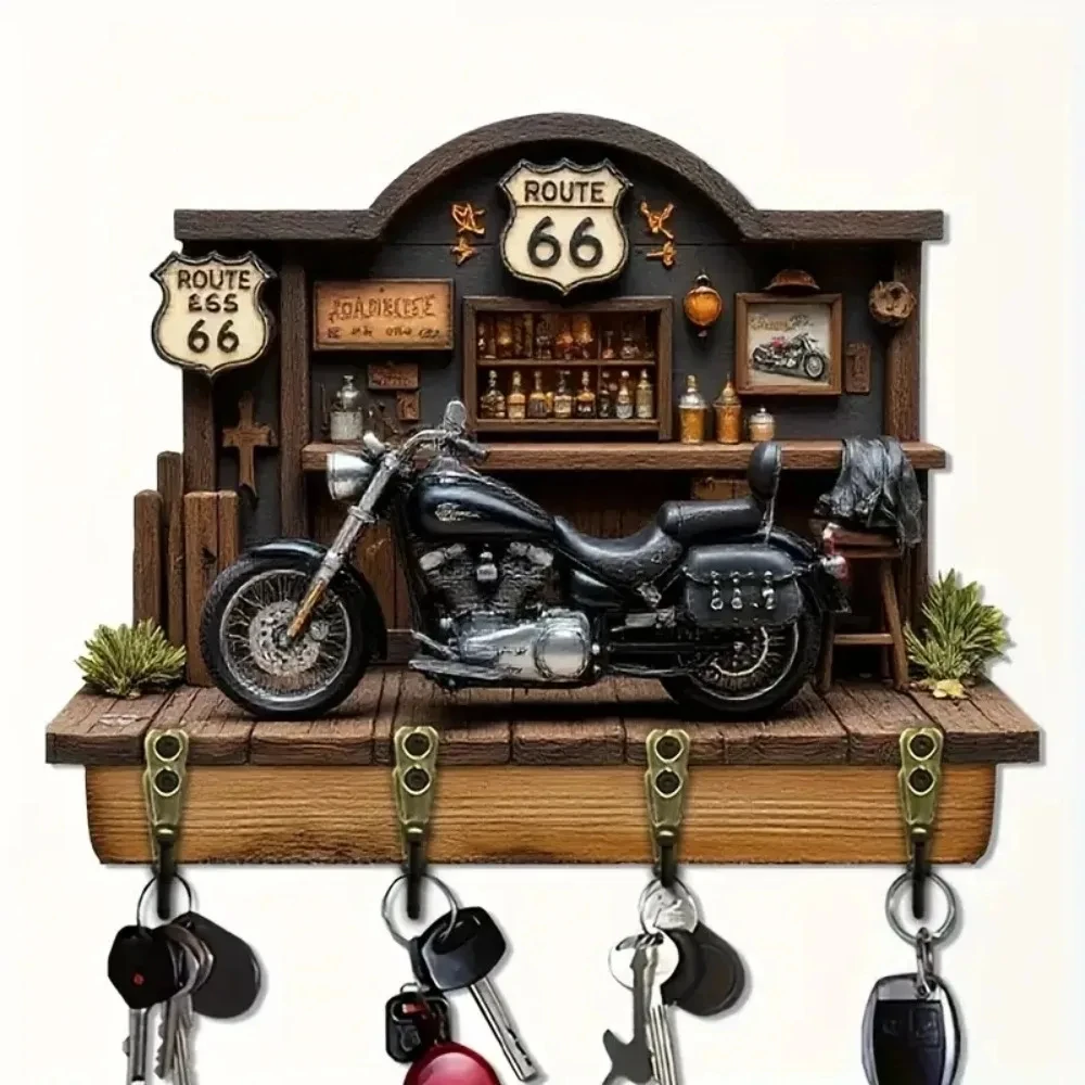 2D, Highway 66 Motorcycle Theme, Wooden Multifunctional Keyframe with Four Metal Hooks, Wall, Porch, Room, All Season Decoration