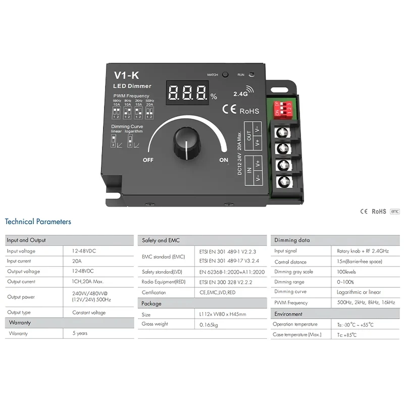 V1-K LED Strip Dimmer 12-48V DC PWM Frequency Adjustable 1CH 20A Rotary Knob