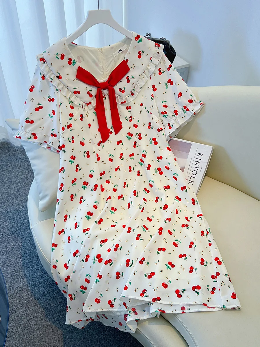 

150Kg Plus Size Women's Bust 150 Summer Loose Sweet Cherry Doll Collar A-Line Dress White 5XL 6XL 7XL 8XL 9XL