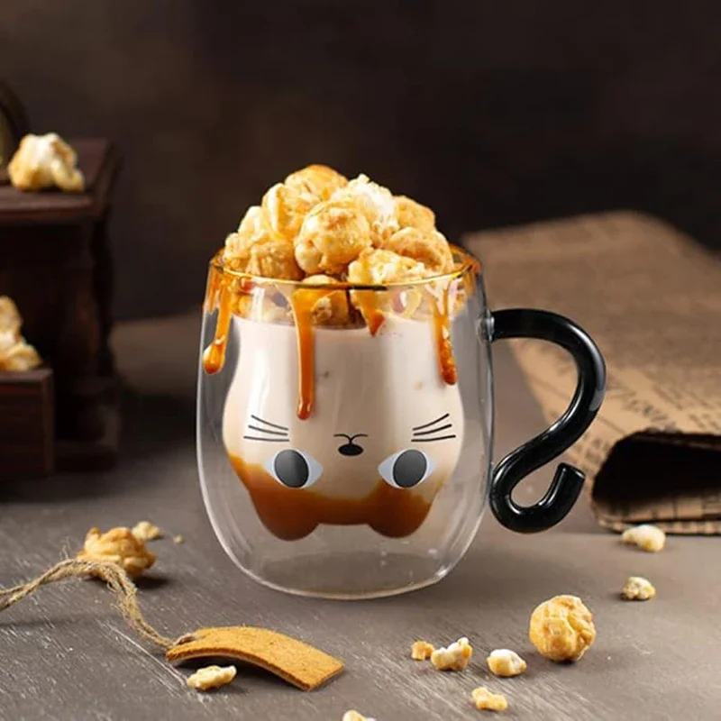 Cat Tail Glass Coffee Mug Cute Teacup Milk Tea Water Cup Household Breakfast Cup Gift for Cat Lovers Valentine Christmas