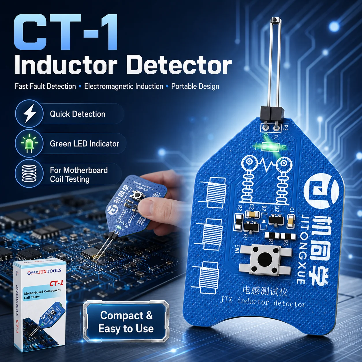 

JTX CT-1 Inductor Detector, Motherboard Coil Tester with Green LED Indicator, Portable Fast Fault Detection Repair Tool