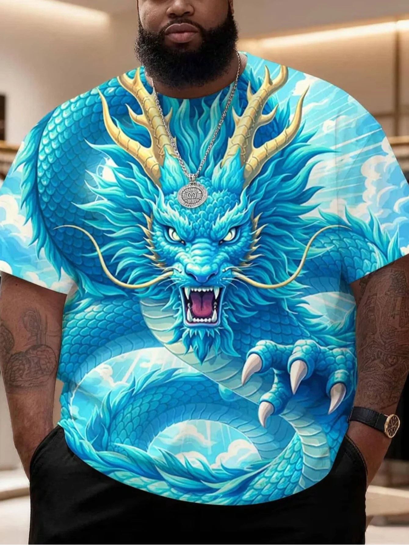 Men 3D Print T-Shirt Blue Chinese Dragon Cloud Graphic O Neck Short Sleeve Casual Streetwear Summer Tee