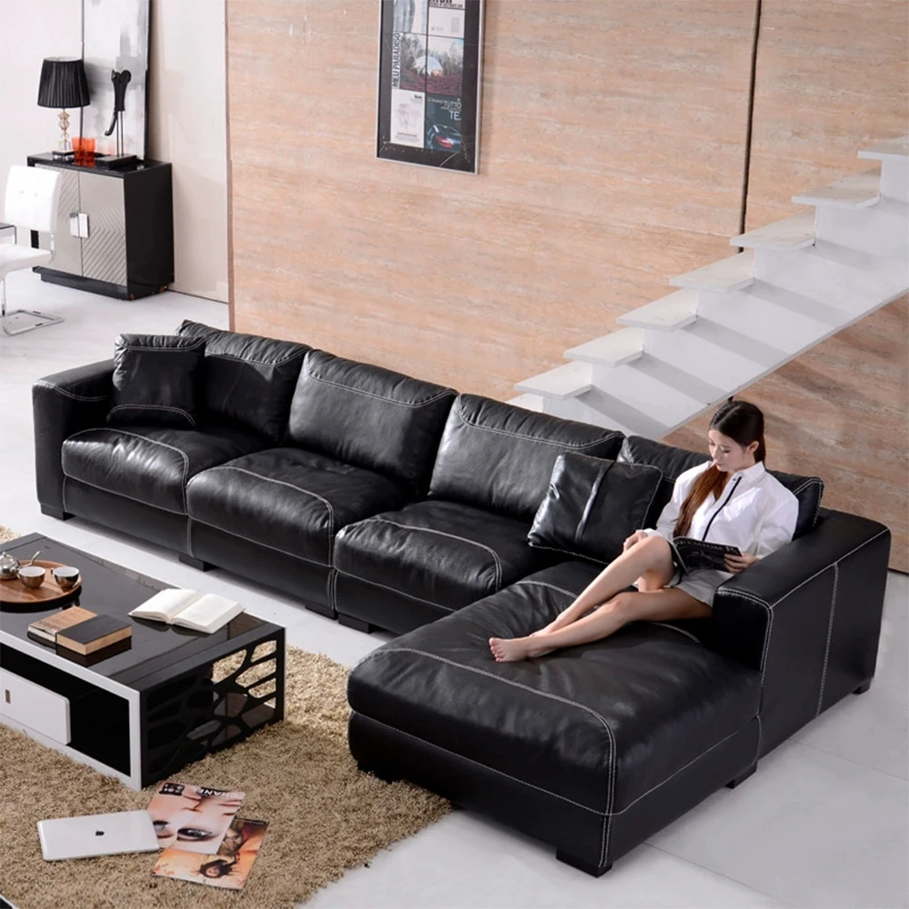 

Luxury Genuine Leather Sectional Sofa with Down Feather Cushions and Feather Backrests - Comfortable Modern L-Shaped Couch