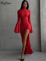 Hugcitar Turtleneck Solid Long Sleeve Backless Slit Sexy Slim Maxi Prom Dress 2024 Spring Women Clothes Birthday Party Y2K