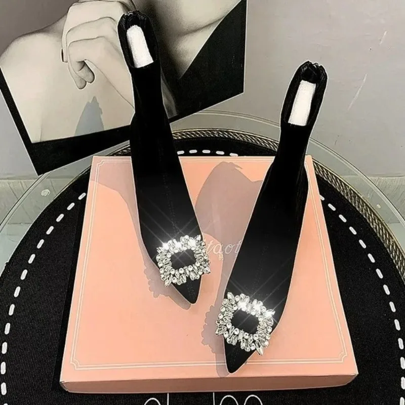 New Women Boots Luxury Rhinestone Suede Stretch Boots Fashion Pointed Tip High Heeled Boots for Woman Designer Shoes Botas Mujer