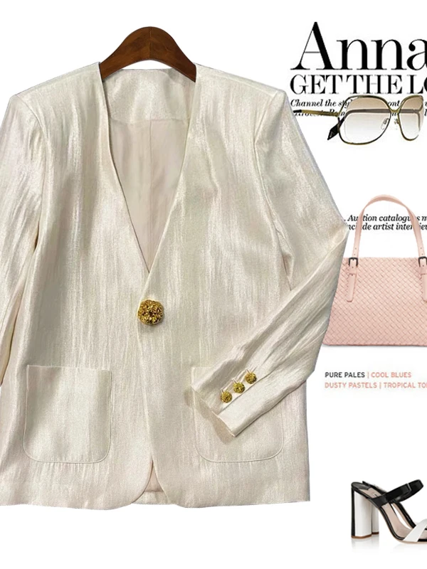 

2025 Summer New Luxury Thin Acetate Fabric One Button Metal Snap Women's Commute Style Jacket V Neck Long Sleeve Casual Coat