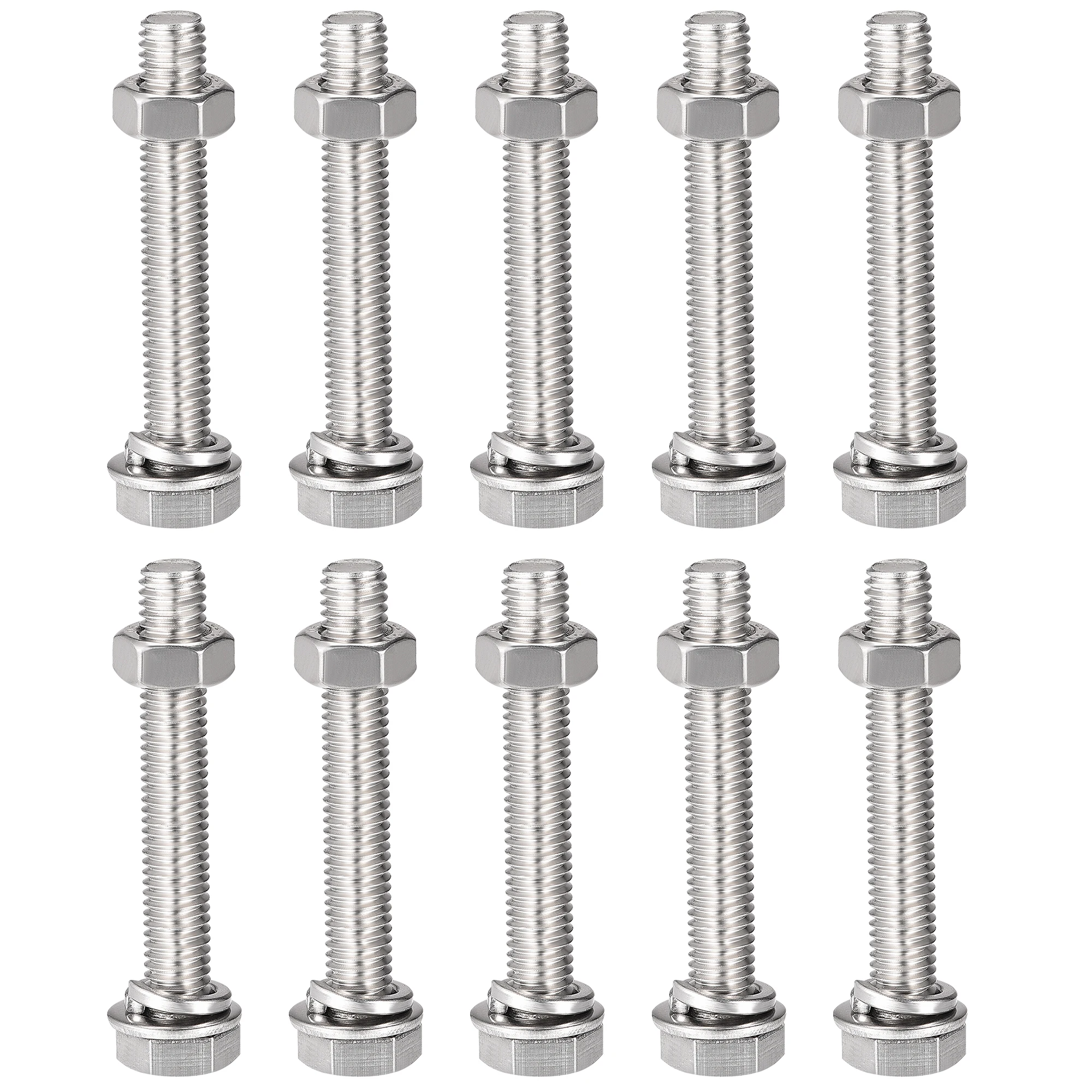 10Sets M8 x 50-75mm Hex Head Screws Bolts Nuts Flat & Lock Washers Kits 304 Stainless Steel Fully Thread Hexagon Bolts