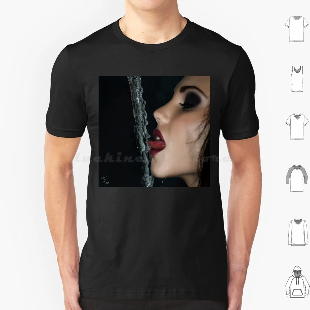 Hot Girl On-Sexy Face-Sexy Lips-Woman Licking A Stream Of Water In Black T Shirt 6xl Cotton Cool Tee Hot Girl On Oral Oral