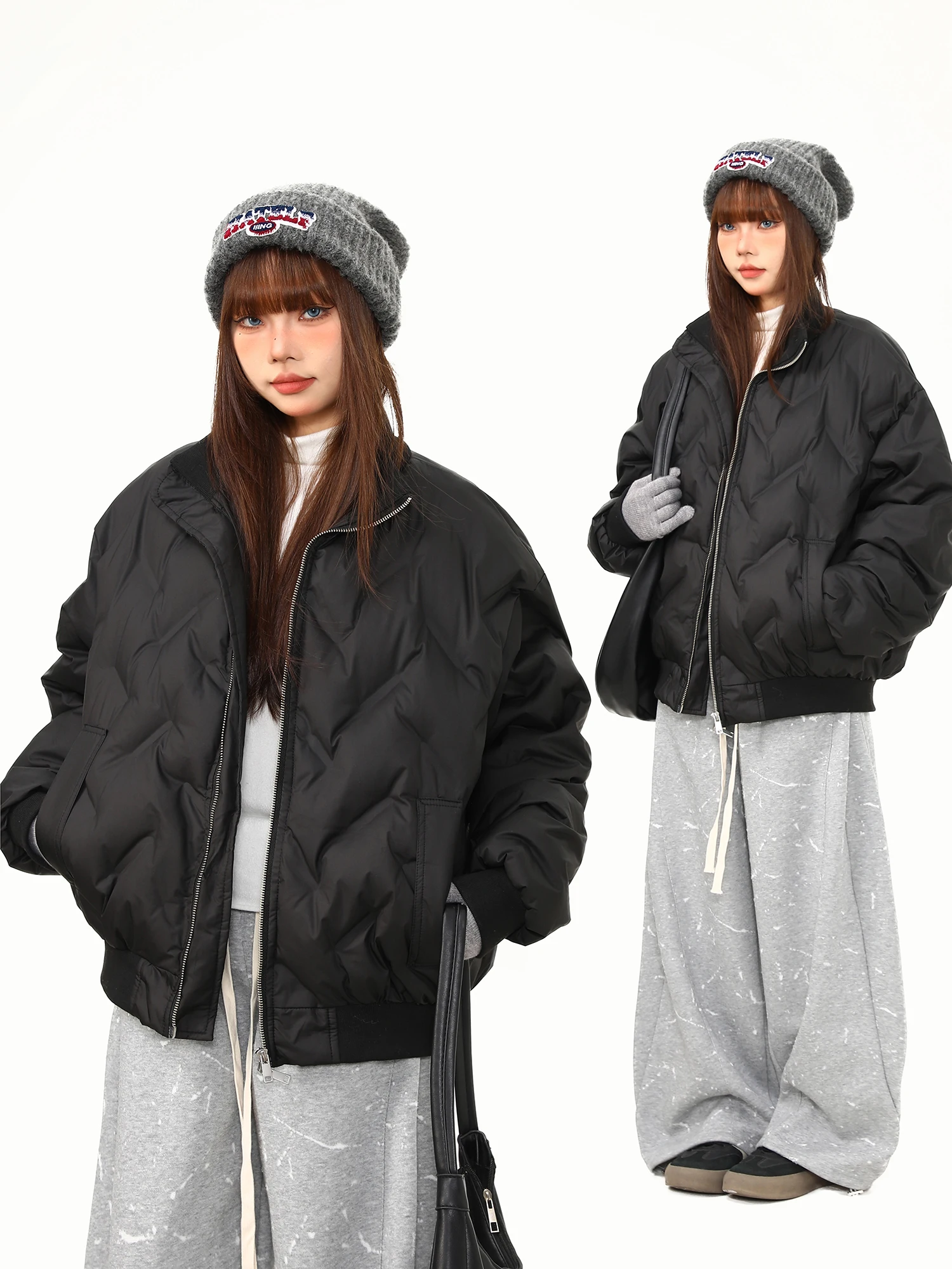 

Универсальная женская куртка Wild Aziz American Street Sle Couple's Jaet Bla из хлопка с воротником-стойкой и вышитым ромбовидным узором