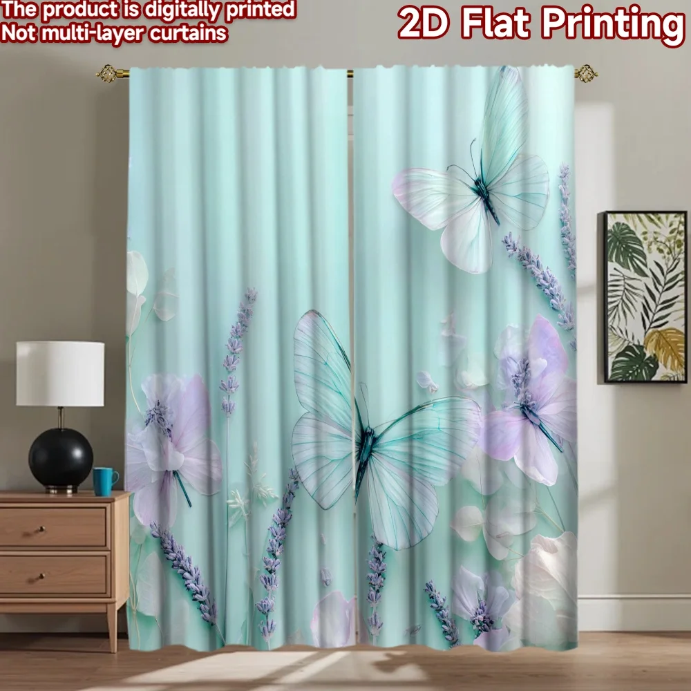 

2D flat printing 2pcs Curtains Butterflies Lavender Flowers Dreamy Digital Printed Polyester Drapes All Season Party & Holiday