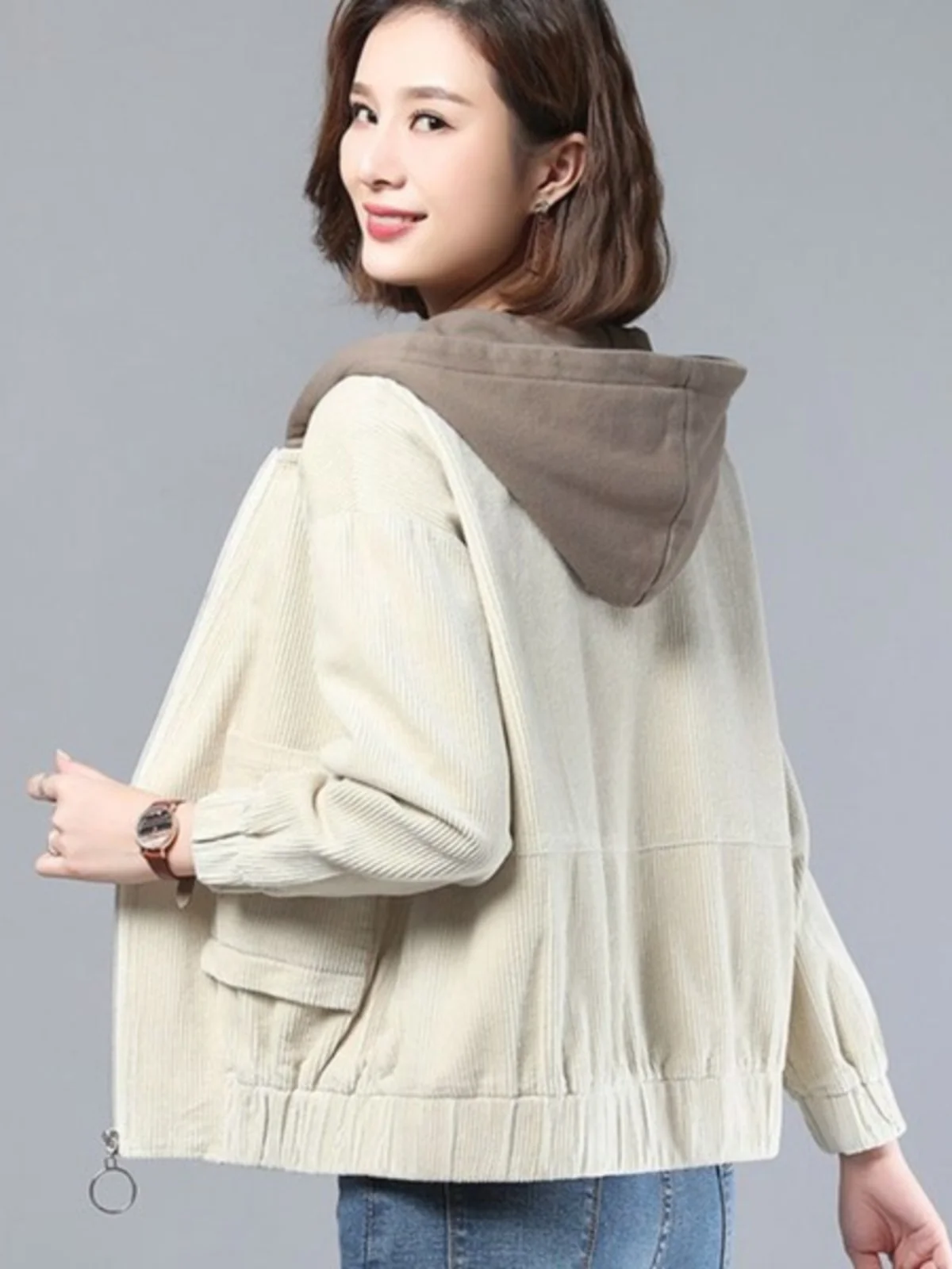 

Chic Casual Corduroy Jacket with Hood for Women Spring Autumn New Style Age-Defying Mommy Match Zipper Splicing Loose Fit Lon...