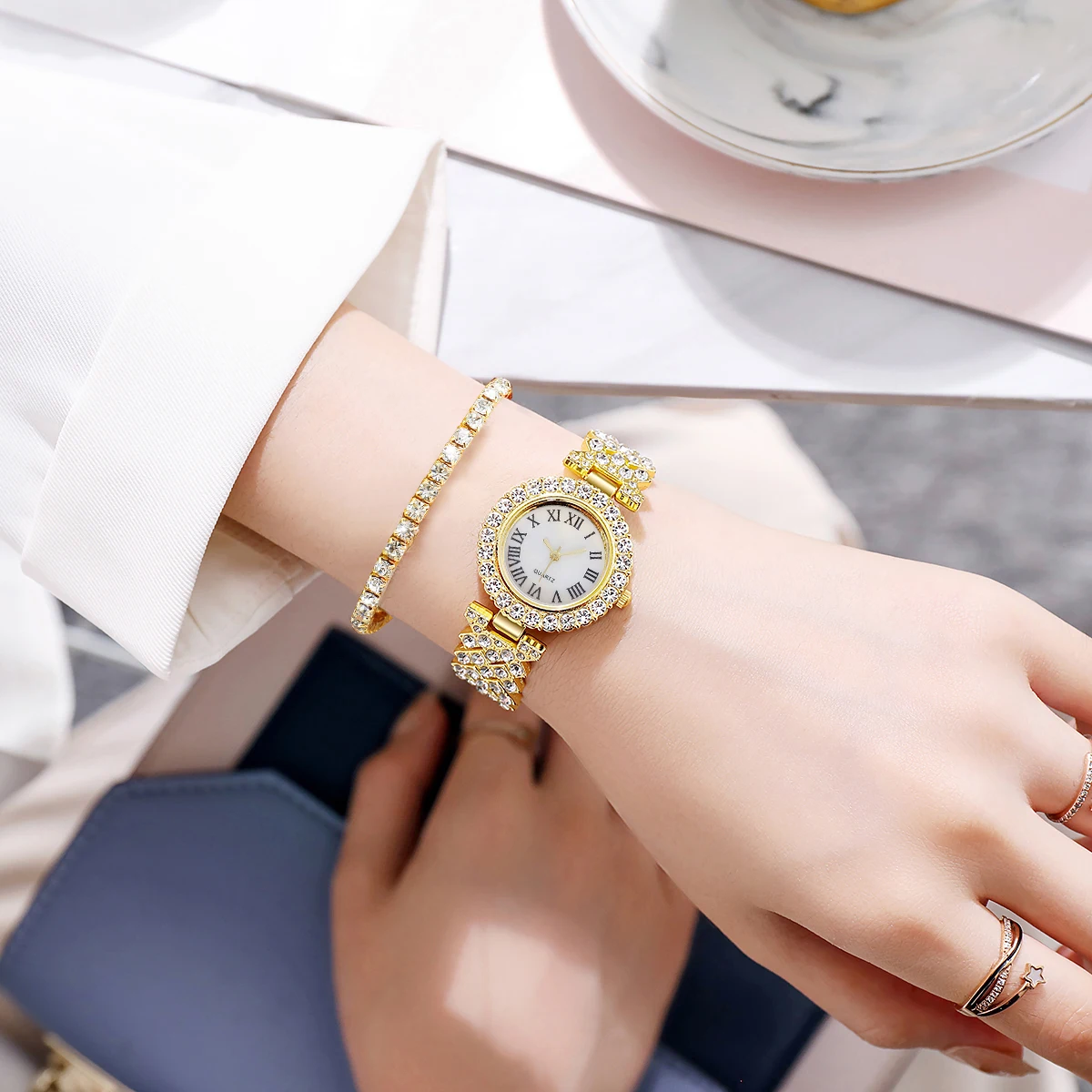 6 sztuk moda damska zegarki luksusowe Rhinestone Roma Dial zegarek kwarcowy zestaw biżuterii Relogio Feminino (bez pudełka) — zdjęcie 3