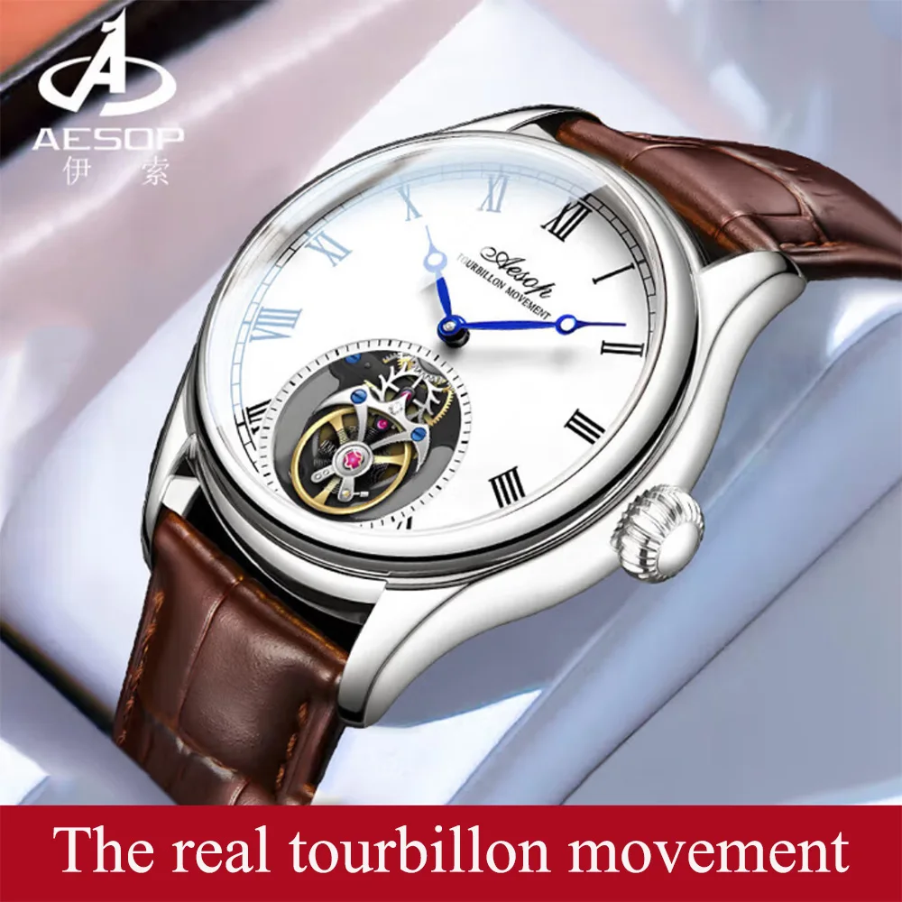 

Водонепроницаемые механические часы AESOP для деловых мужчин, новинка 2023, летающий турбийон, мужской дизайн со скелетом, роскошные часы 7061