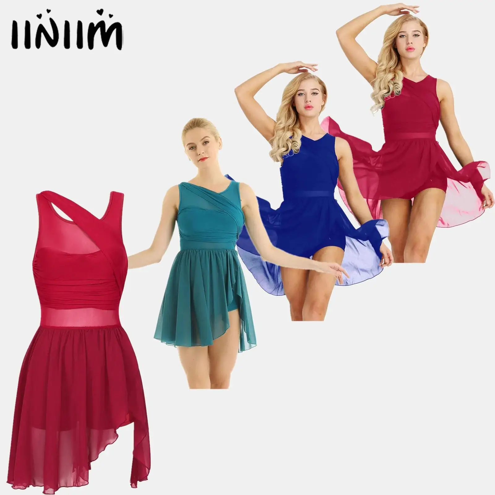 Damski strój gimnastyczny, trykot baletowy, sukienka do tańca lirycznego, wycięty, szyfonowy, elastyczny kostium do tańca nowoczesnego i współczesnego.