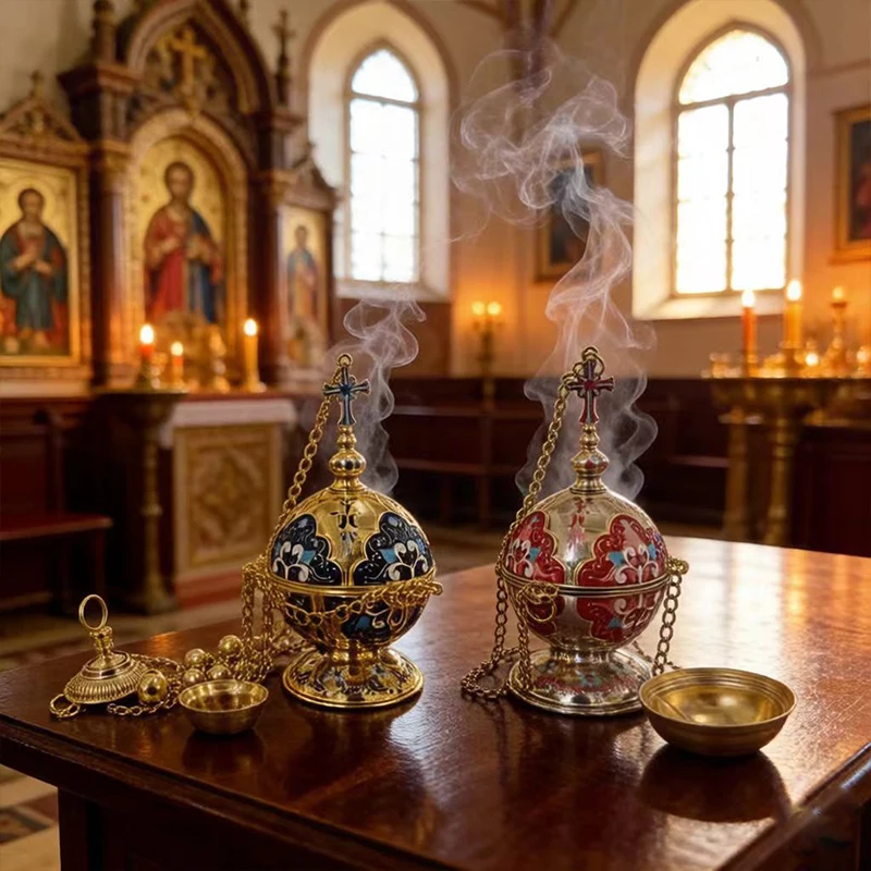 Gold/Silver Plated Orthodox Thurible Incense Burner with Enamel & Chain for Priest Liturgy Church Altar Religious Service Decor